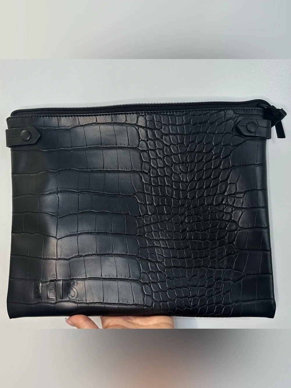 BEIS Black Croc-Embossed Leather Laptop Sleeve